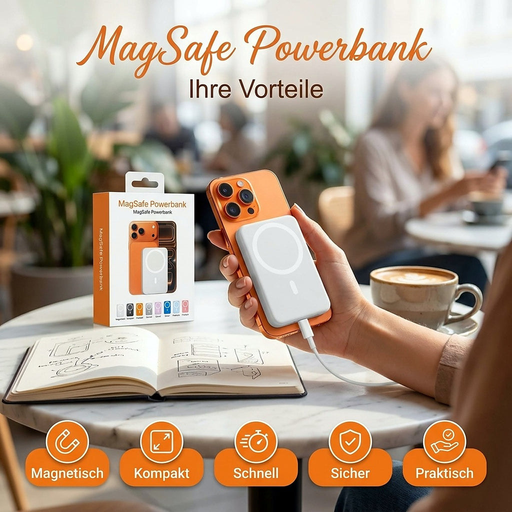 Magnetische Powerbank am iPhone im Café