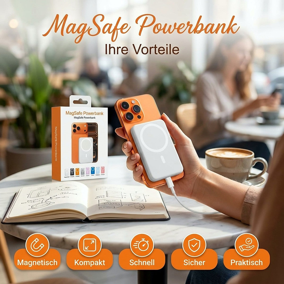 Magnetische Powerbank am iPhone im Café